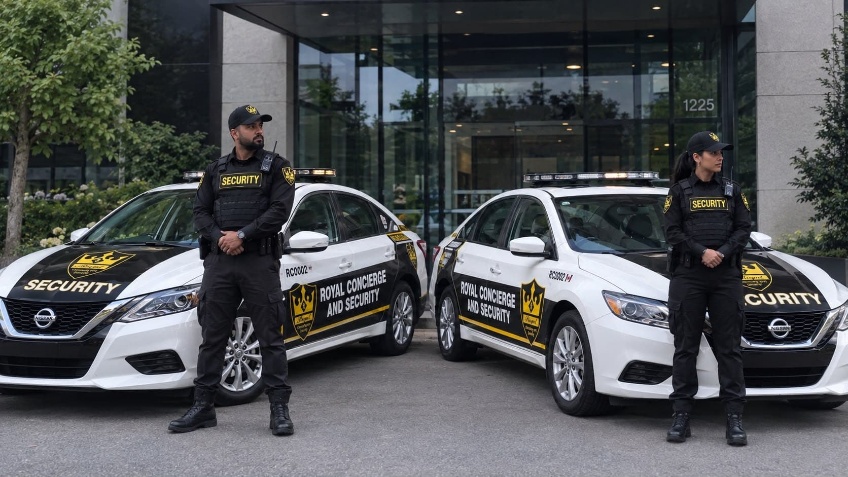Two Royal Concierge and Security patrol cars with officers outside a Toronto building